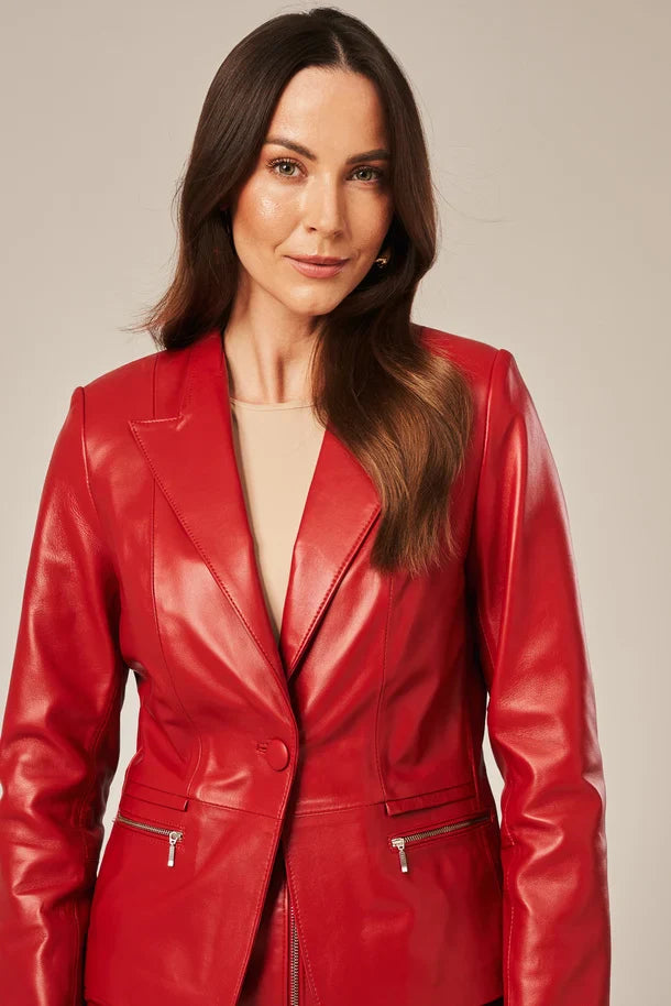 Evyra - Women's One Button Red Leather Blazer