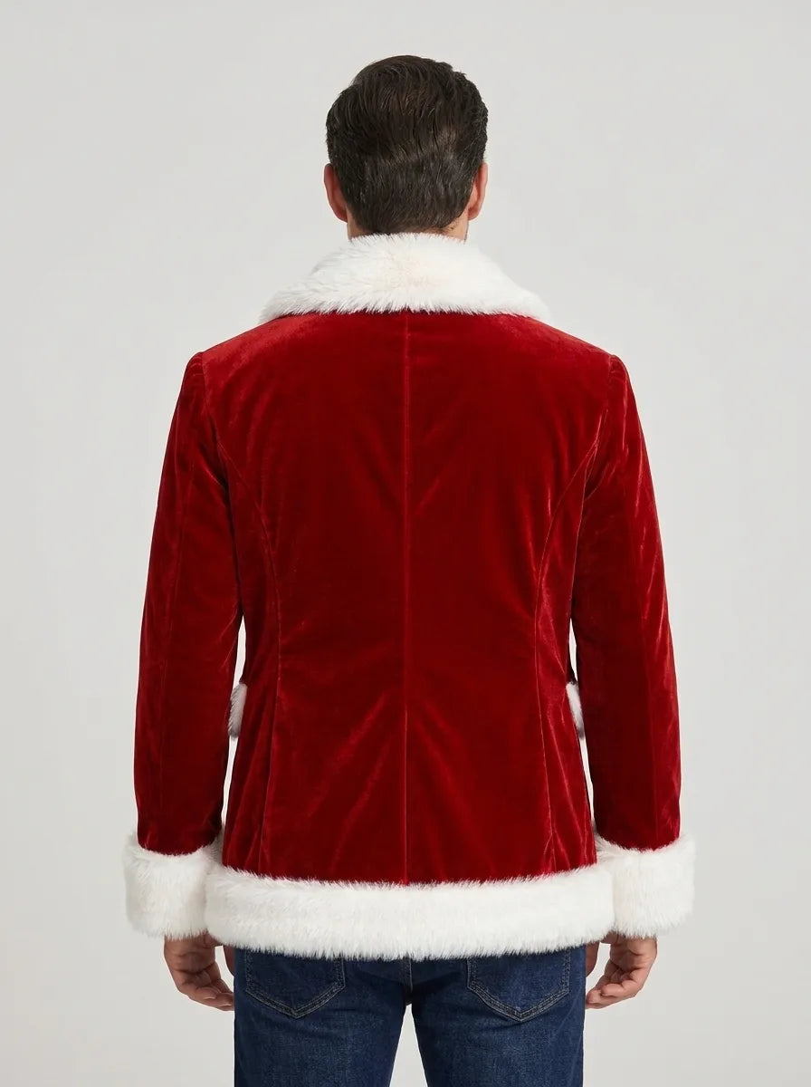 Front view of red Christmas blazer with gold-tone buttons and white Faux Fur trim