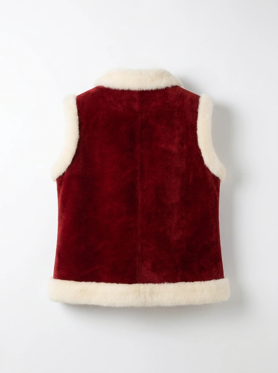 Front view of red suede Christmas vest for men with white faux fur edging