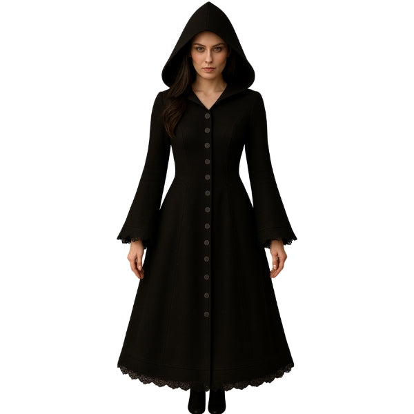 Gothic Long Black Hooded Coat – Button Down A-Line Maxi Overcoat for Women