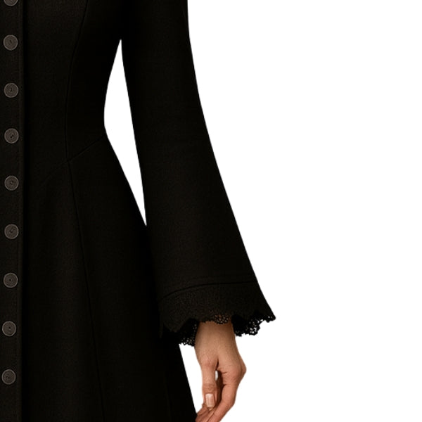 Gothic Long Black Hooded Coat – Button Down A-Line Maxi Overcoat for Women