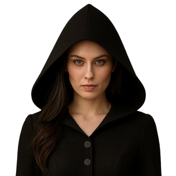 Gothic Long Black Hooded Coat – Button Down A-Line Maxi Overcoat for Women