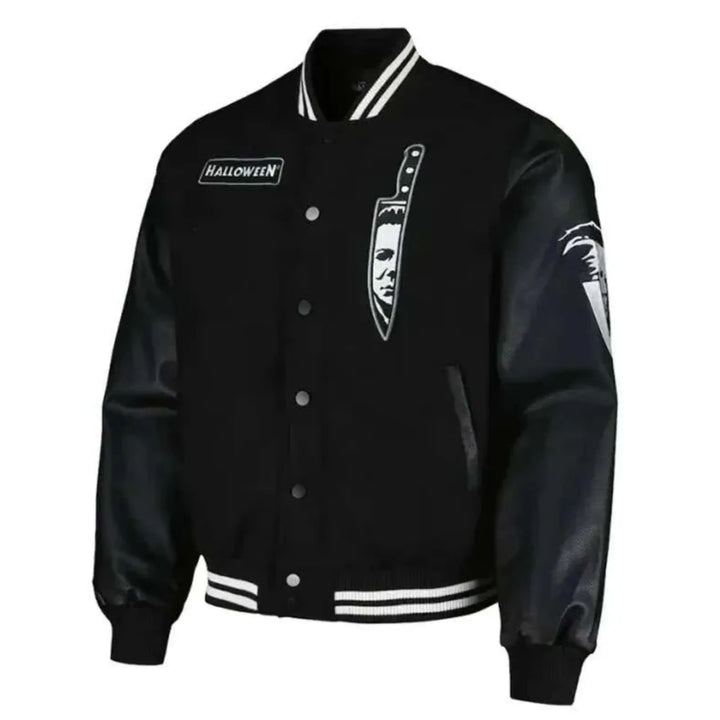 Black varsity jacket with a knife design and 'Halloween' logo on a white background