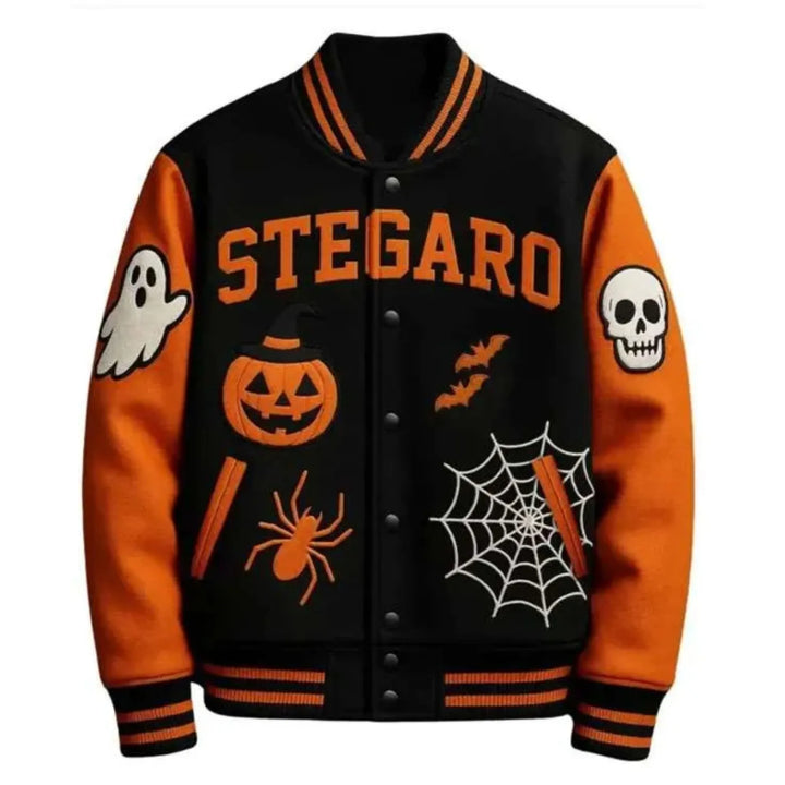 Black and orange varsity jacket with Halloween-themed graphics on a white background