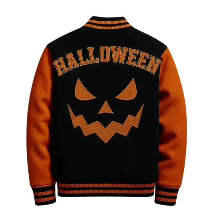 Halloween-themed jacket with pumpkin face design on a white background