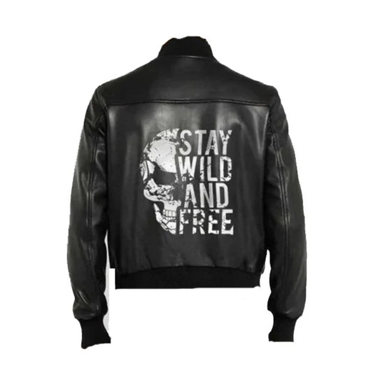 Halloween Special Stay Wild and Free Black Bomber Leather Jacket