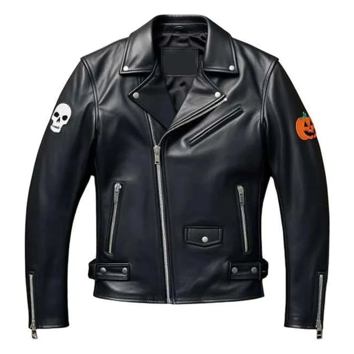 Black leather jacket with skull and pumpkin patch designs on a white background