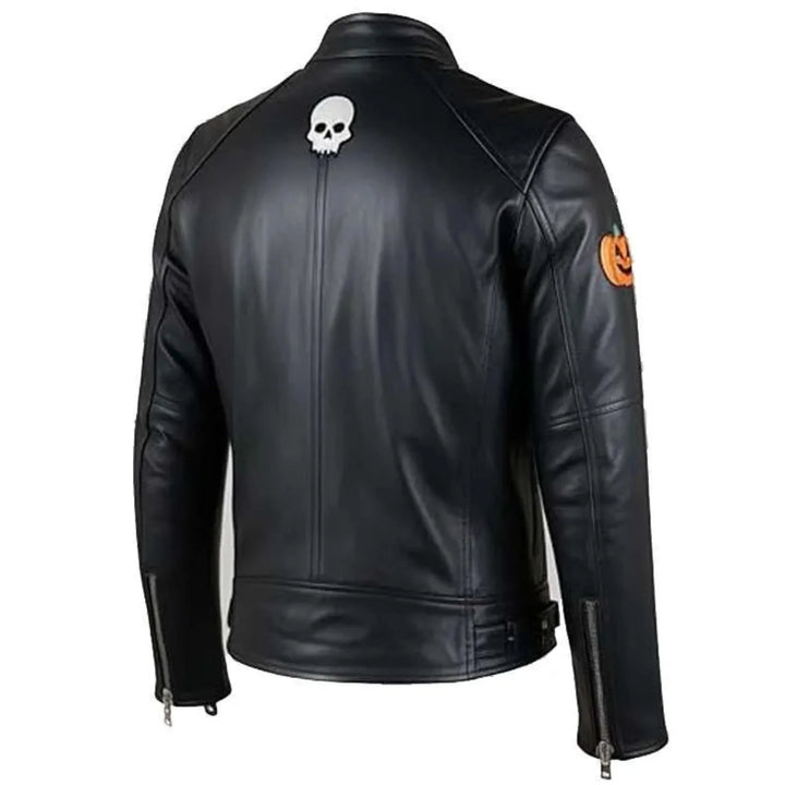 Black leather jacket with skull and pumpkin patch design on a white background