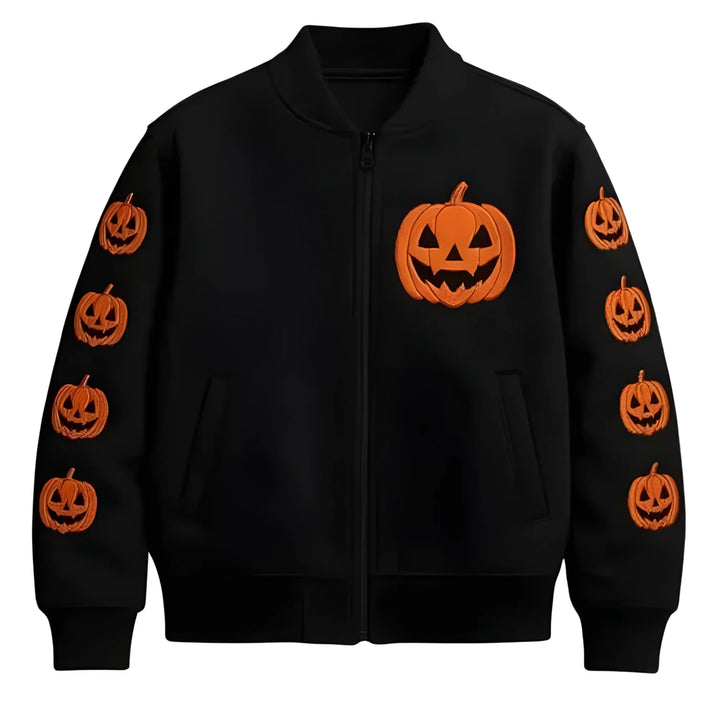 Black jacket with orange pumpkin designs on a white background