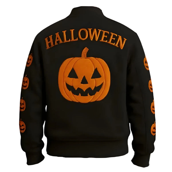 Black Halloween-themed jacket with orange pumpkin design on a white background