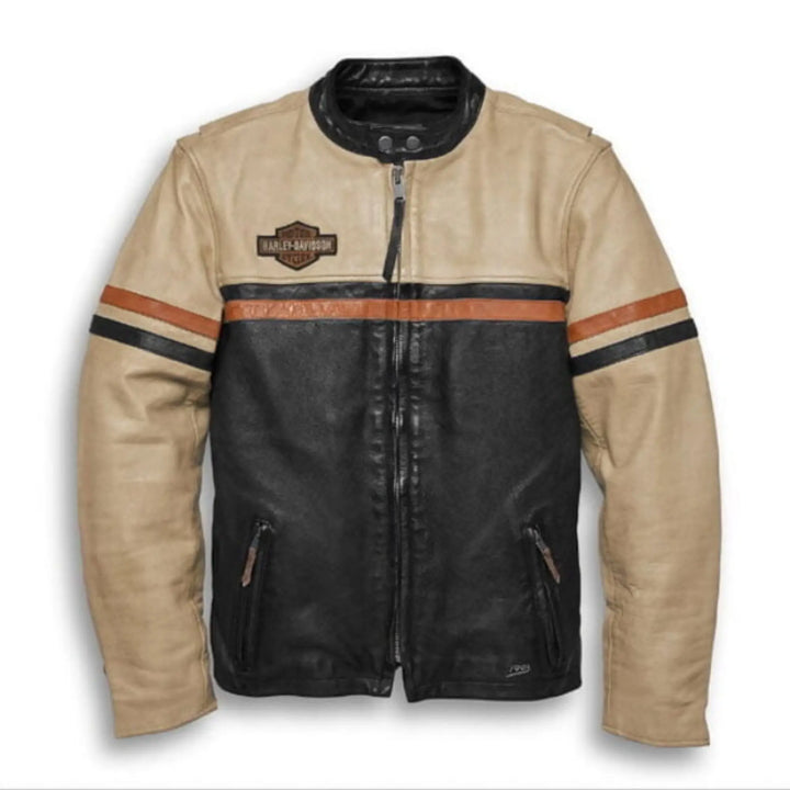 Beige and black leather jacket with orange accents on a white background