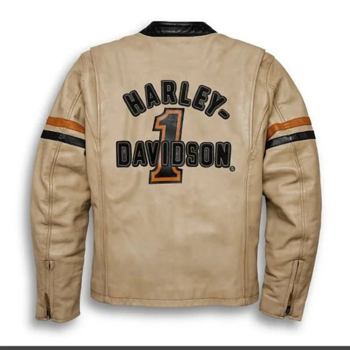 Beige leather jacket with Harley-Davidson logo on a white background