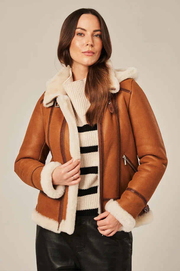 Women's Light Brown Shearling Aviator Jacket