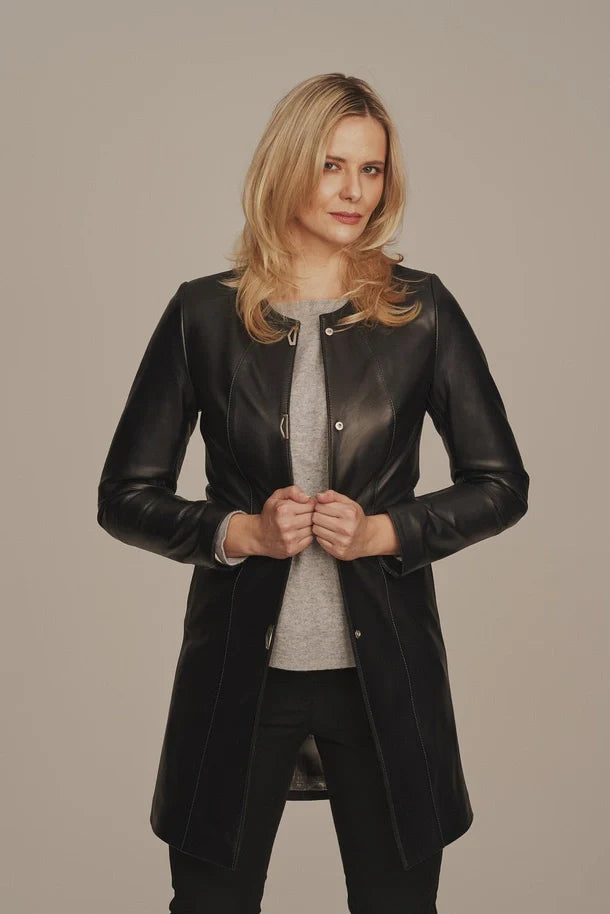 Women's Real Leather Black Coat