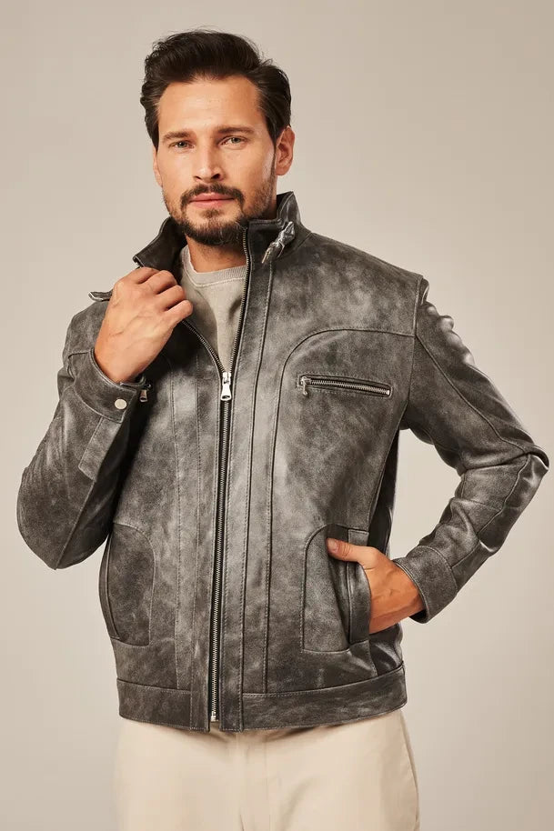 Jarex - Men’s Gray Leather Motorcycle Jacket
