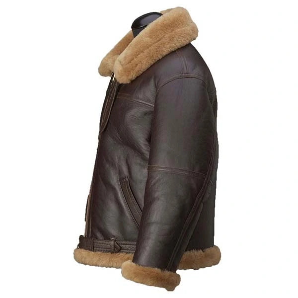 Brown leather jacket with fur collar and cuffs on a white background