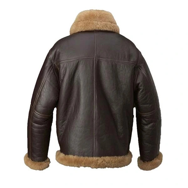Brown leather jacket with beige fur lining on a white background