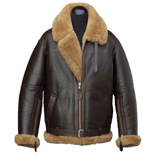 Brown leather jacket with fur trim on a mannequin against a white background