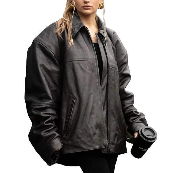 Unwind Leather Joey King Black Oversized Leather Jacket on a white background