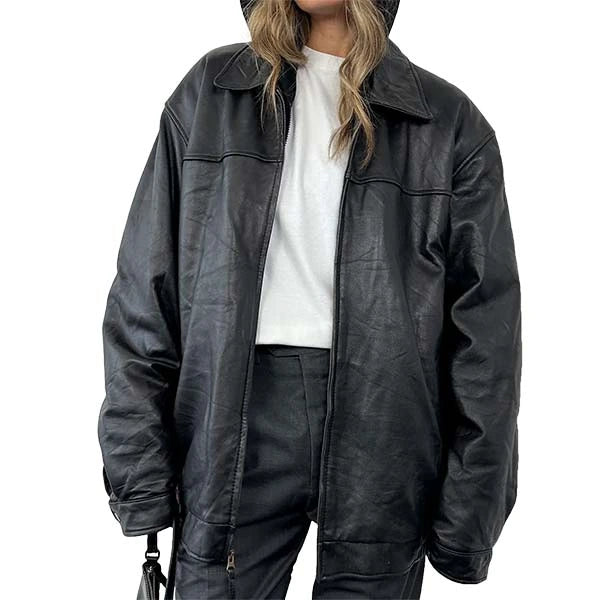 Unwind Leather Joey King Black Oversized Leather Jacket on a white background