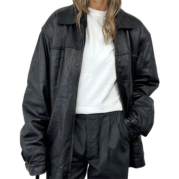 Unwind Leather Joey King Black Oversized Leather Jacket on a white background