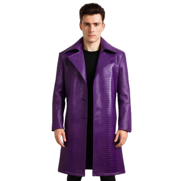 Joker Purple Crocodile Texture Leather Trench Coat