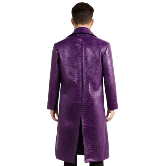Joker Purple Crocodile Texture Leather Trench Coat