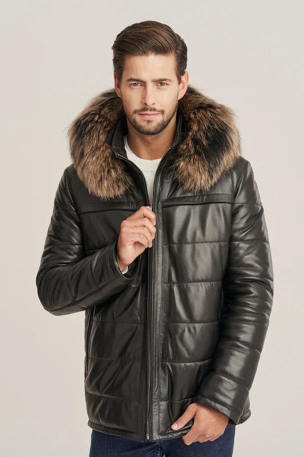 Men's Puffer leather jacket with hood