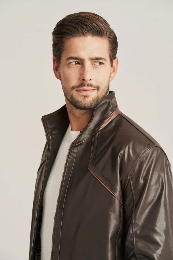Kaiven - Men’s Brown Leather Jacket with Stand-Up Collar