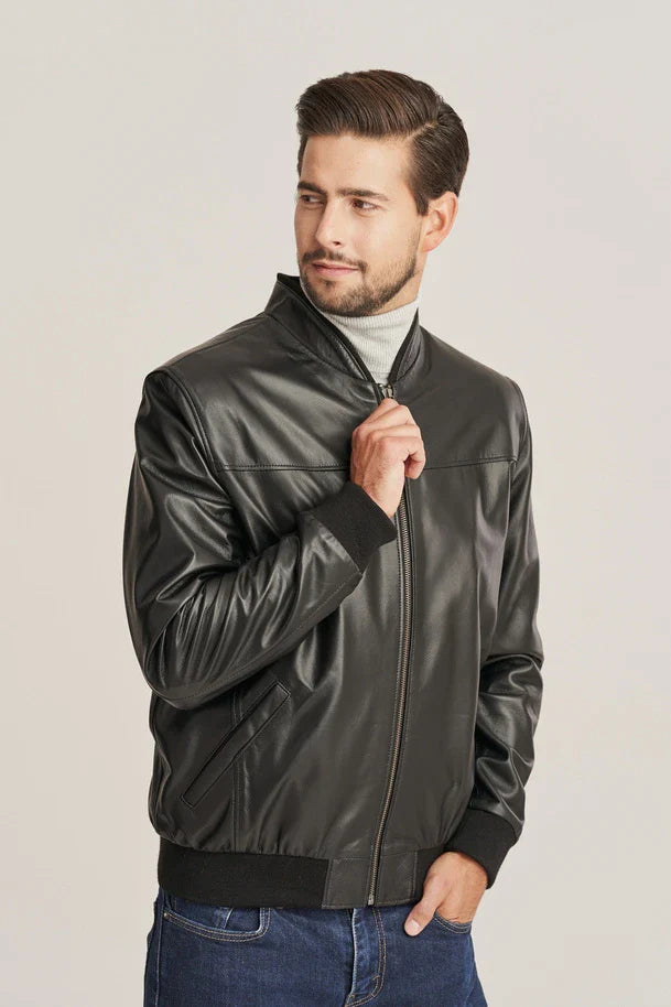 Men's Slim Fit Black Leather Bomber Jacket
