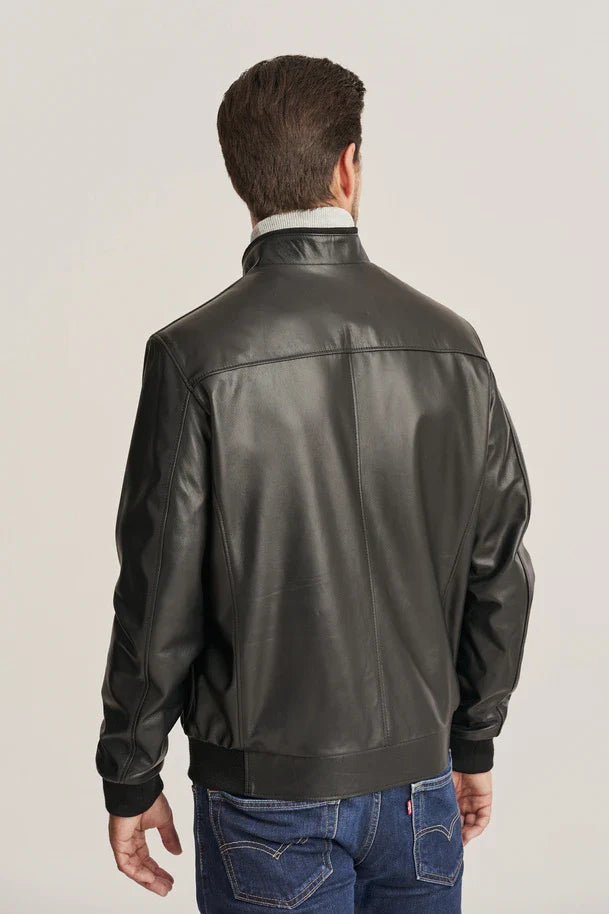 Kellan - Men's Slim Fit Black Leather Bomber Jacket