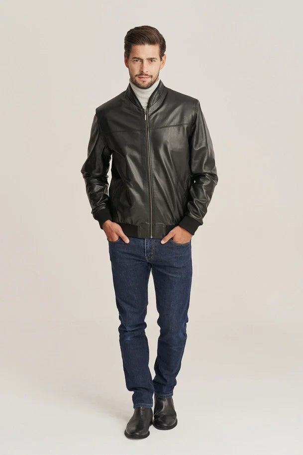 Kellan - Men's Slim Fit Black Leather Bomber Jacket