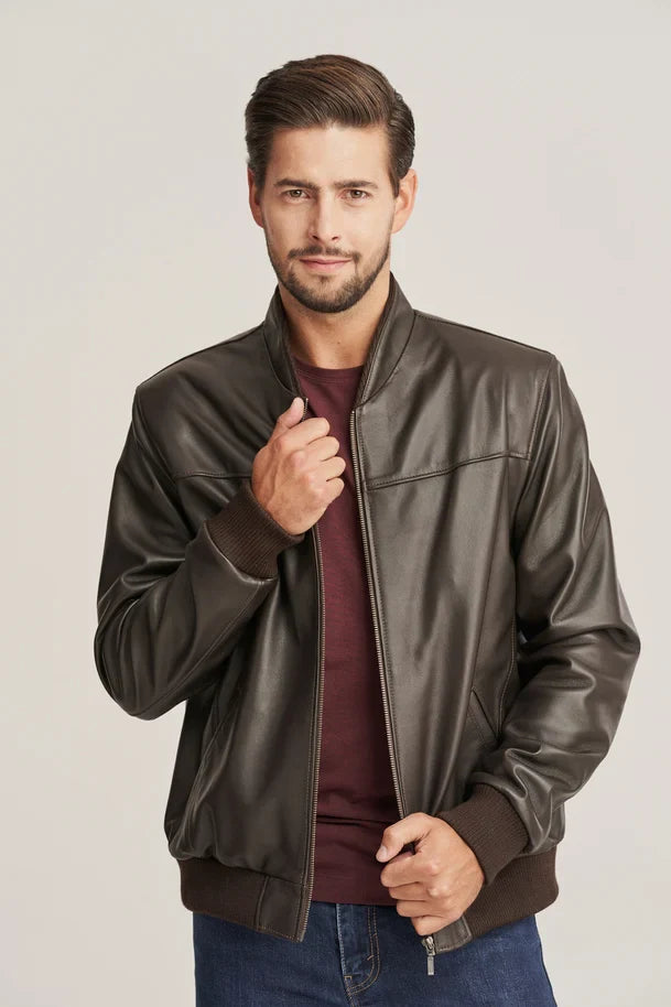 Kellan - Men's Brown Slim Fit Bomber Leather jacket