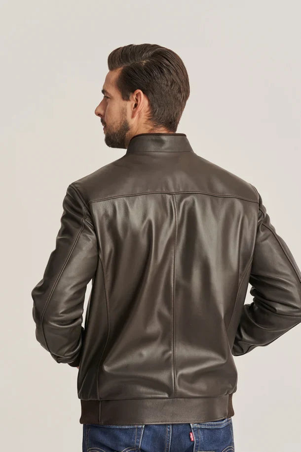 Kellan - Men's Brown Slim Fit Bomber Leather jacket