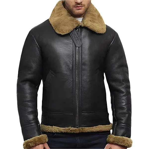 Black leather jacket with brown fur collar and cuffs on a white background