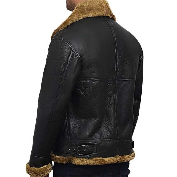 Black leather jacket with brown fur lining on a white background