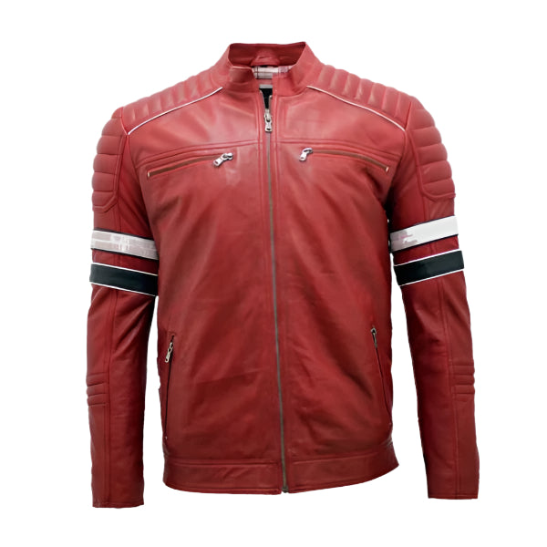 Unwind Leather Men Red Cafe Racer Leather Jacket With Stripes on a white background