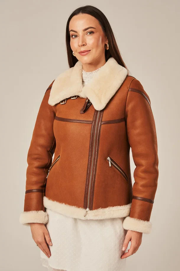 Women's Tan Brown Biker Style Shearling Jacket