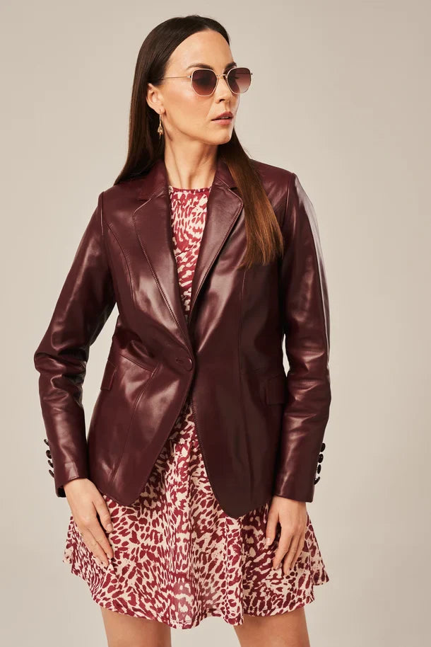 Liorra - Women's Burgundy One Button Leather Blazer