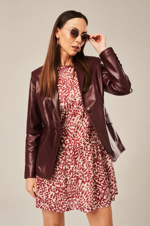 Liorra - Women's Burgundy One Button Leather Blazer