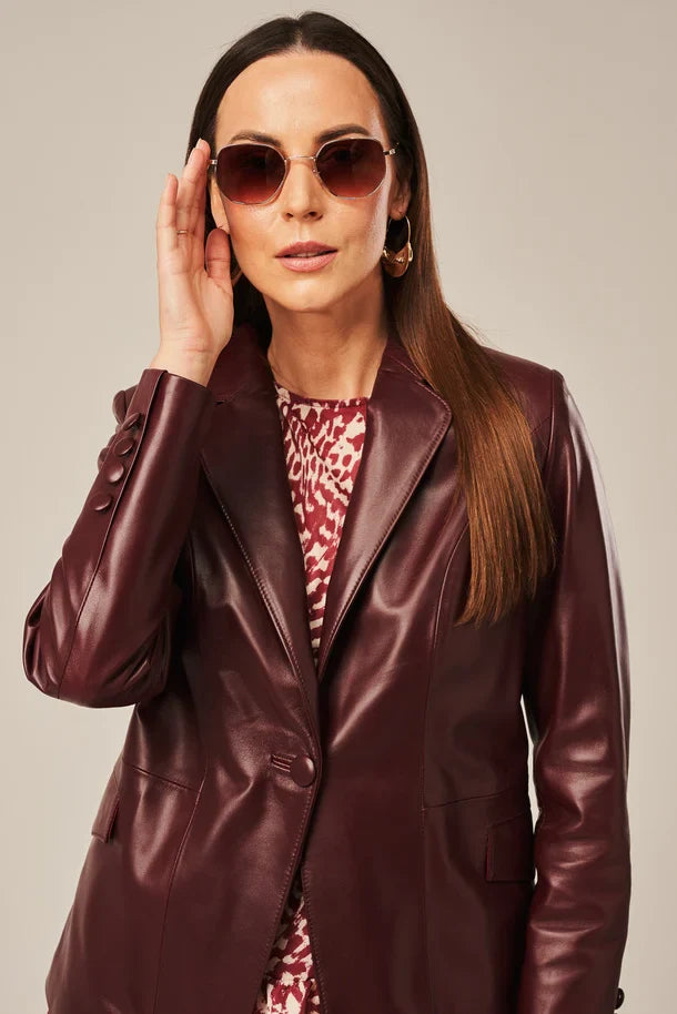 Liorra - Women's Burgundy One Button Leather Blazer