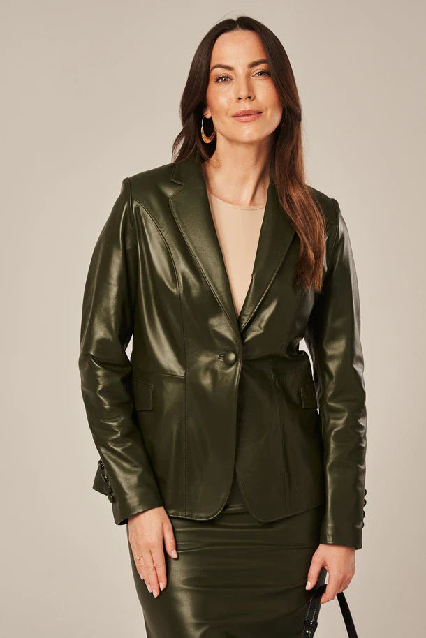 Liorra - Women's Olive Green One Button Leather Blazer