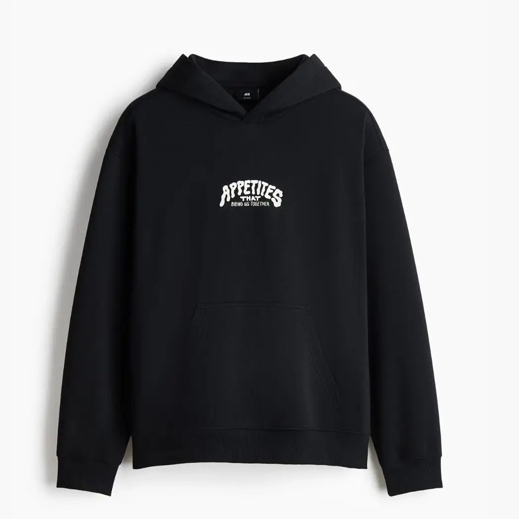 Unisex Black Relaxed Fit Printed Hoodie