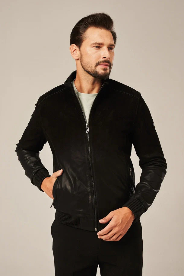 Men's Black Rub Off Leather Bomber Jacket