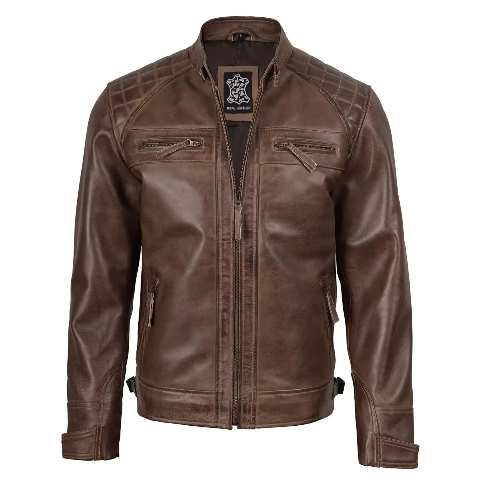 Brown leather jacket on a white background