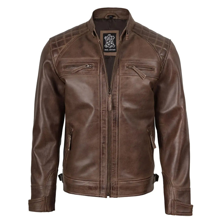 Brown leather jacket on a white background