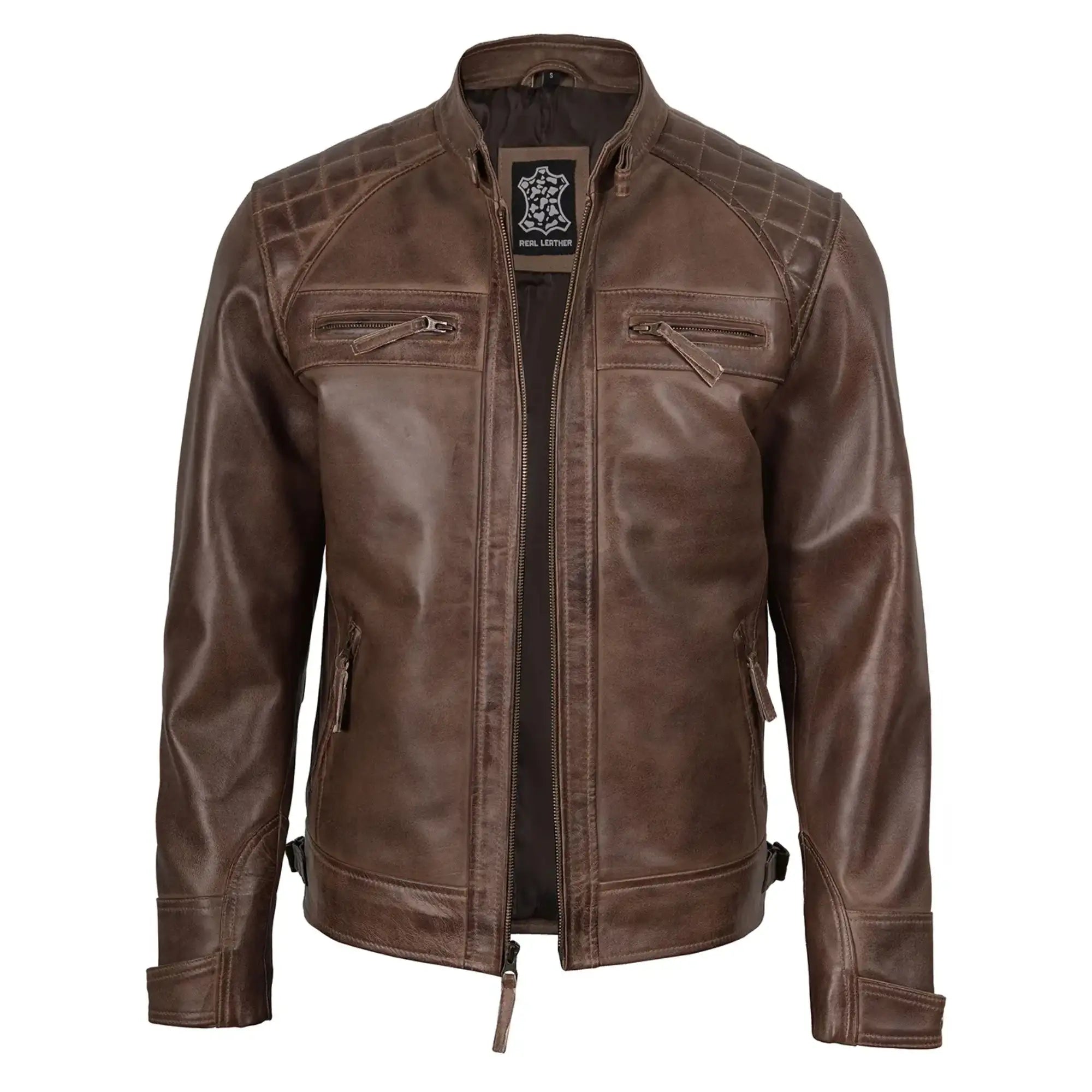 Brown leather jacket with a brand logo on a white background
