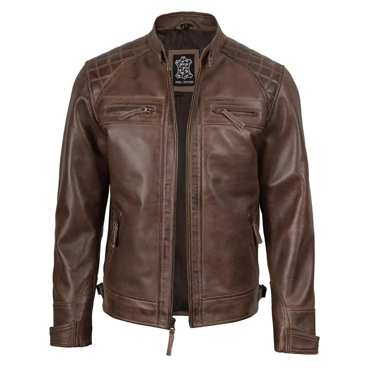 Brown leather jacket with a brand logo on a white background