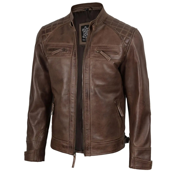 Brown leather jacket on a white background