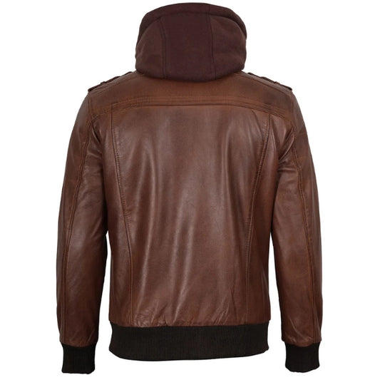 Men Edinburgh Brown Bomber Leather Jacket With Removable Hood